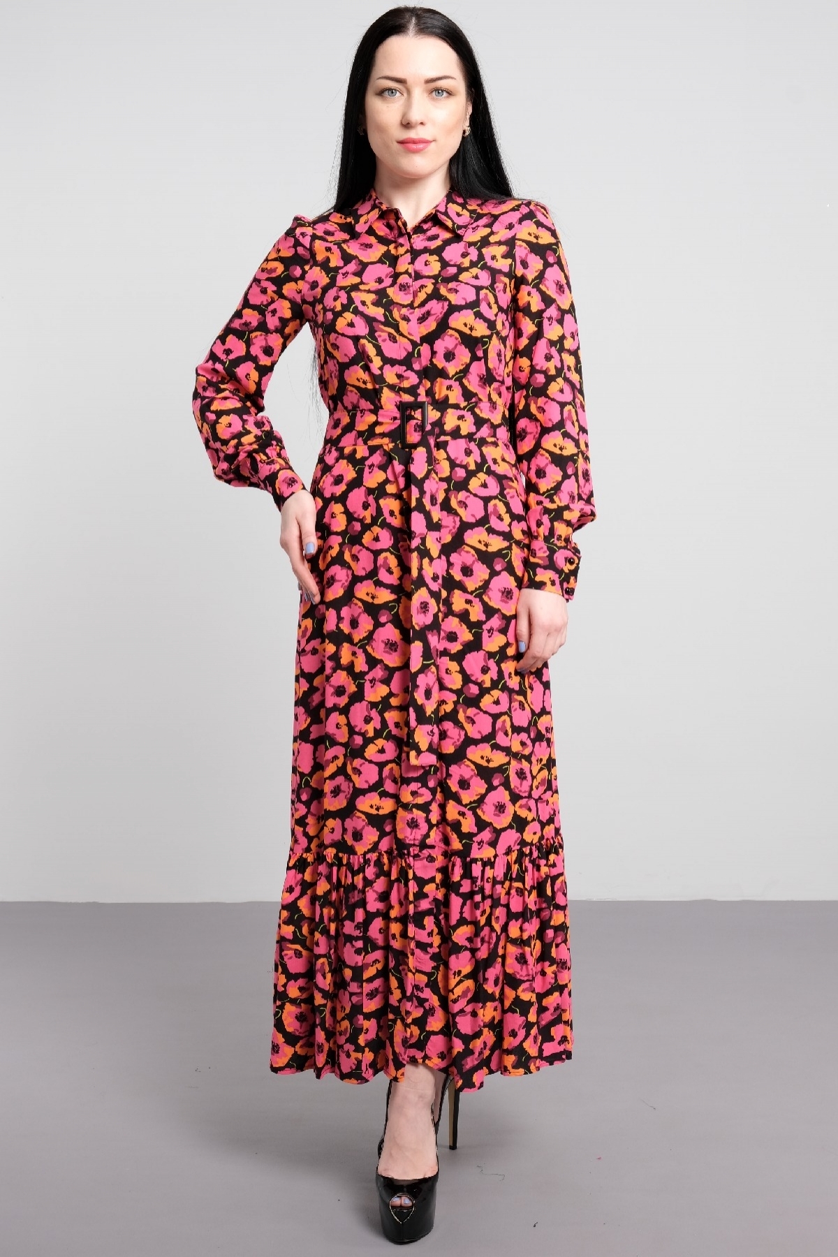 Floral printed fabric belted casual pleated long dress