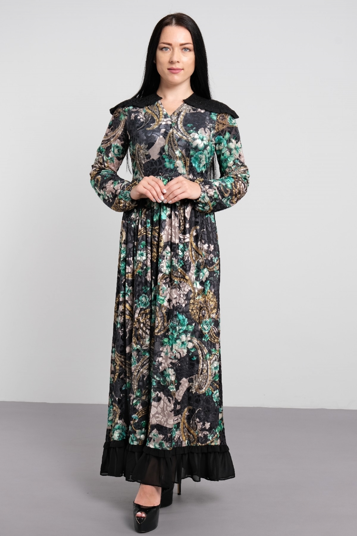 digital velvet fabric long stylish new season with floral casual dress