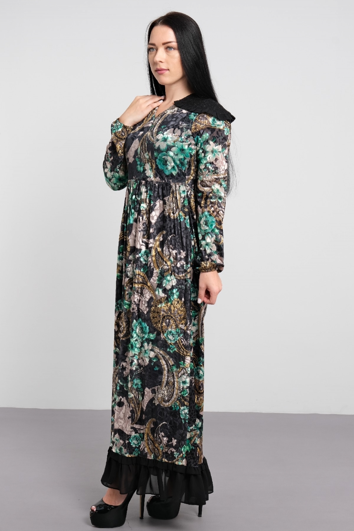 digital velvet fabric long stylish new season with floral casual dress