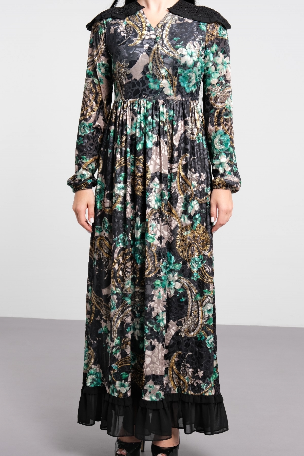 digital velvet fabric long stylish new season with floral casual dress