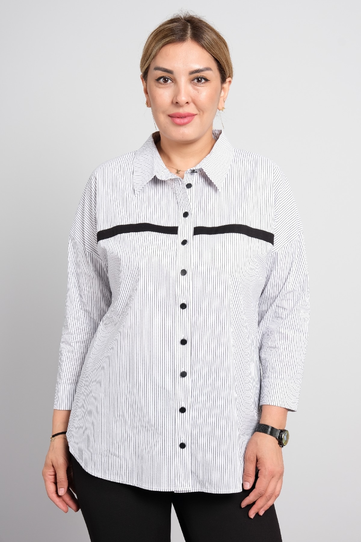 Classic big size women's shirt with long sleeves and stripes.