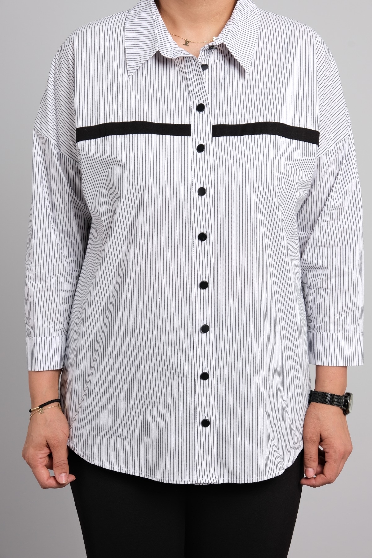 Classic big size women's shirt with long sleeves and stripes.