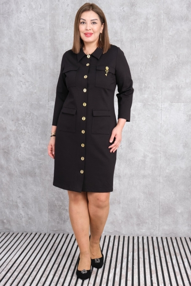  This plus-size womens dress offers a stylish and comfortable look. The black color reflects elegance, while the button details and pockets on the dress add a chic touch. The dress is available in sizes 42, 44, 46, and 48. Made from a fabric containing 65% cotton, 30% polyester, and 5% elastane, this dress ensures both comfort and flexibility. The front buttons provide ease of use, making this dress suitable for both daily wear and special occasions.