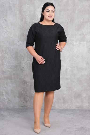  This plus-size womens dress is in black and stands out with its elegance. Size options are 42, 44, 46, and 48. The fabric content is 65% cotton, 30% polyester, and 5% elastane, making it both comfortable and durable. The short-sleeve design makes the dress suitable for daily wear.