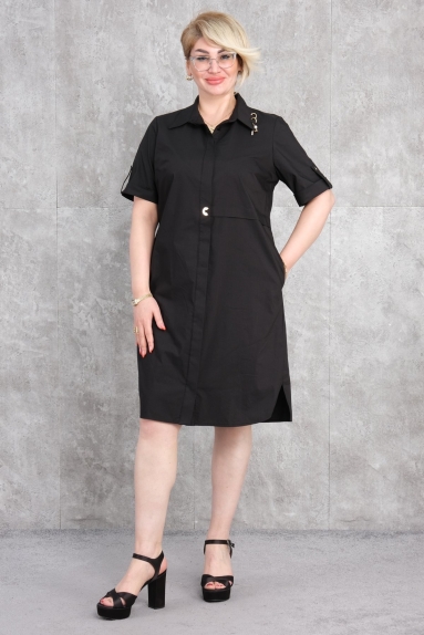 This product is a Plus Size womens dress. It features a stylish design in black. The available sizes are 50, 52, 54, and 56. The fabric composition is 65% cotton, 30% polyester, and 5% elastane. The dress stands out with its sleeve and shoulder details. Its comfortable cut makes it perfect for daily wear.