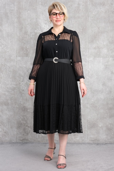  This elegant dress is crafted from high-quality 100% polyester fabric, offering a luxurious and comfortable wearing experience. This dress, standing out with its black color, is designed for plus-size women and is available in sizes 42, 44, 46, and 48. Its soft texture ensures all-day comfort and provides an elegant appearance. With both front and back views, it perfectly complements your body curves, making it suitable for both special occasions and daily wear.