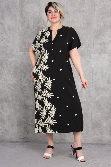  This elegant plus-size womens dress features a captivating black color and a comfortable fit. Available in sizes 42, 44, 46, and 48, it is designed to accommodate various body types. The fabric is made of 100% viscose, which is soft and breathable. The front is adorned with button details and asymmetrical white leaf patterns. The back continues the pattern, creating a cohesive look. Ideal for casual wear, this dress provides both comfort and style.