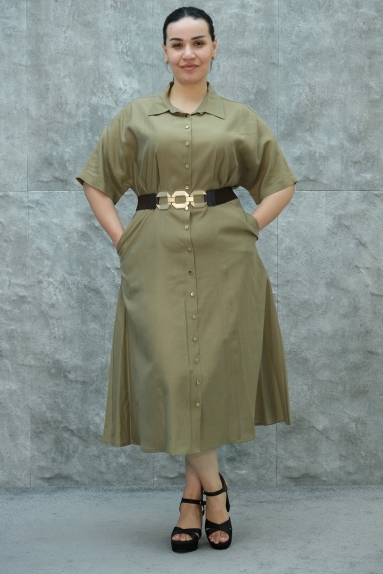 This product is a plus-size womens dress in khaki color. The dress is available in sizes 42, 44, 46, and 48. The fabric composition is 65% cotton, 30% polyester, and 5% elastane, providing both comfort and flexibility. The dress features front buttons for closure and a belt detail at the waist for a stylish look. The short sleeves make it perfect for warm weather. Its simple and elegant design makes it suitable for everyday wear.