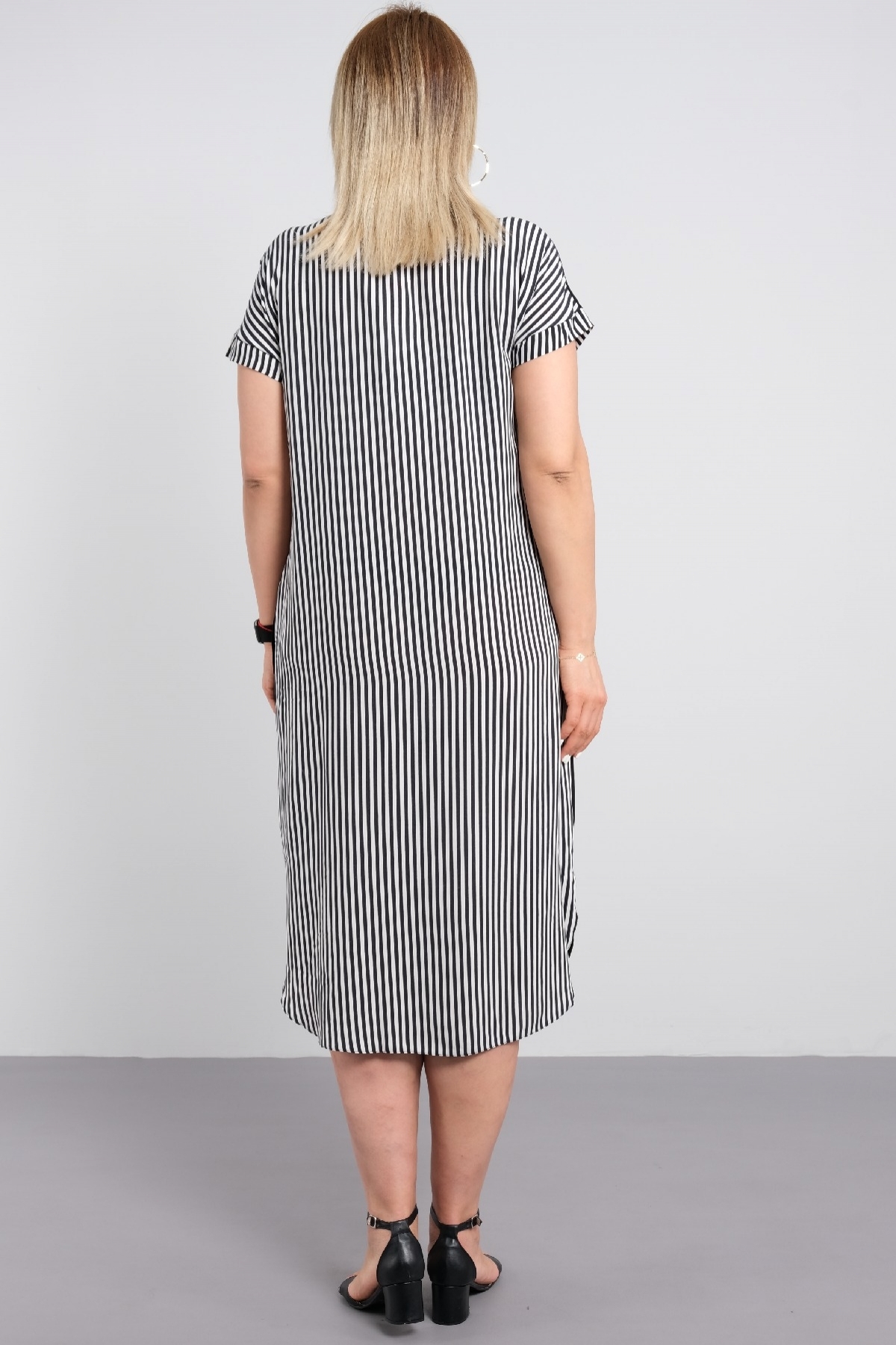 striped cotton fabric casual plus size dress with collar and digital print detail