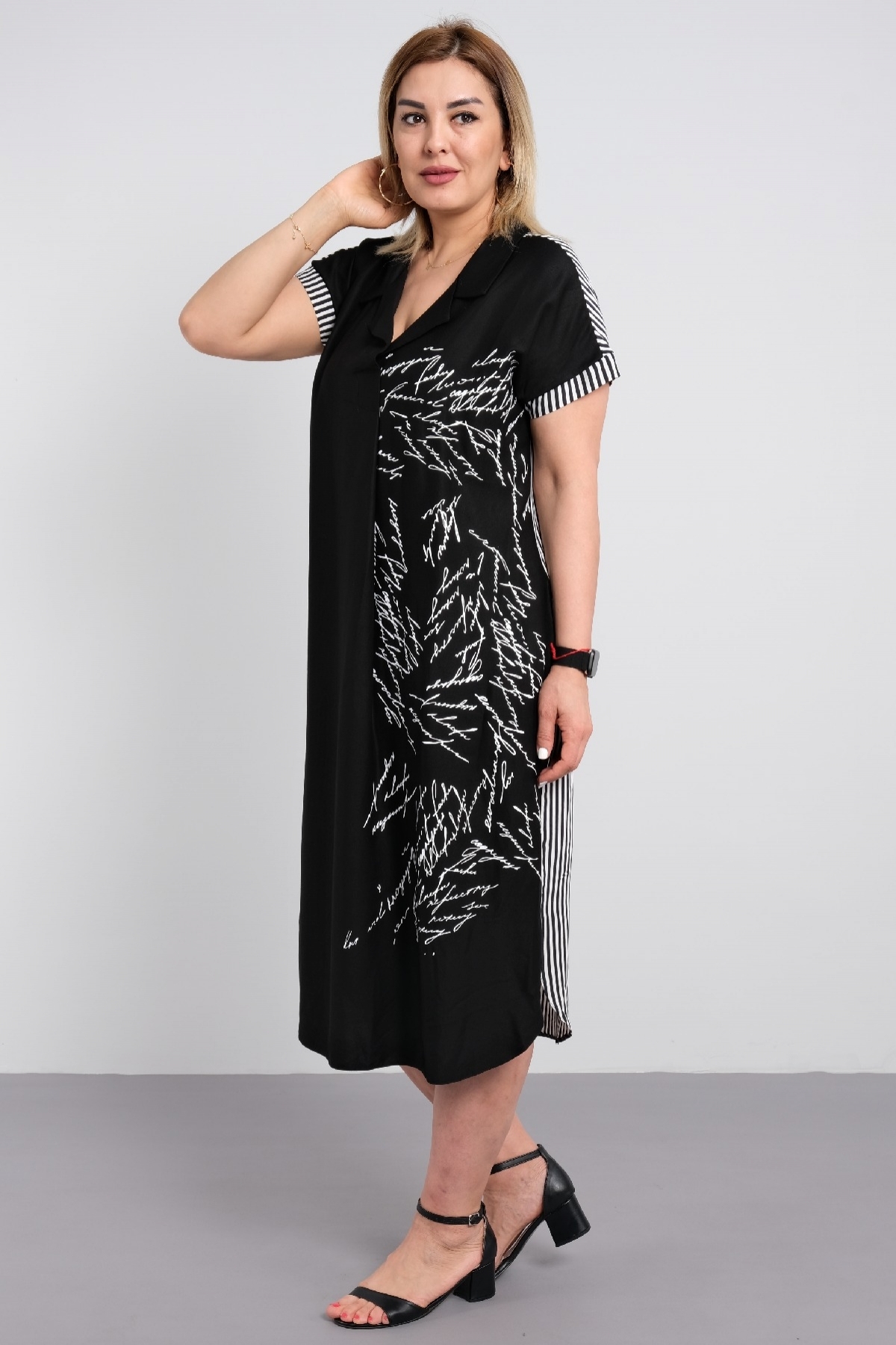 striped cotton fabric casual plus size dress with collar and digital print detail