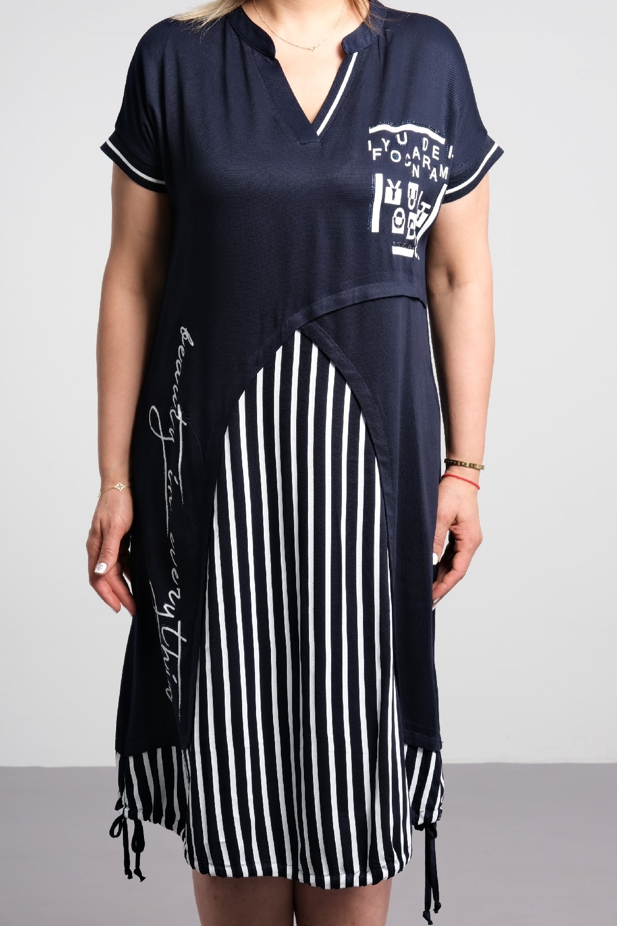 Casual Plus Size Striped Short Sleeve Printed Cuff Loose Dress