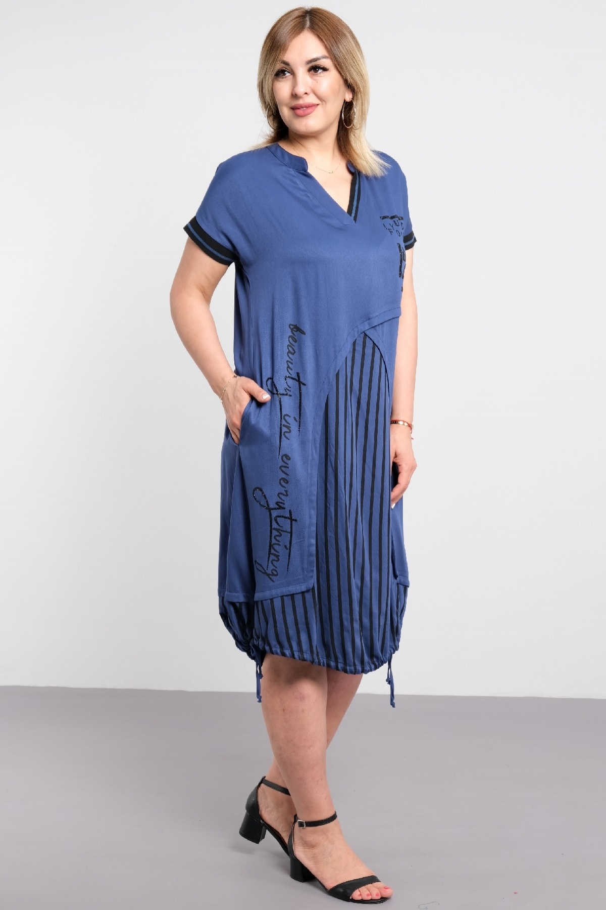Casual Plus Size Striped Short Sleeve Printed Cuff Loose Dress