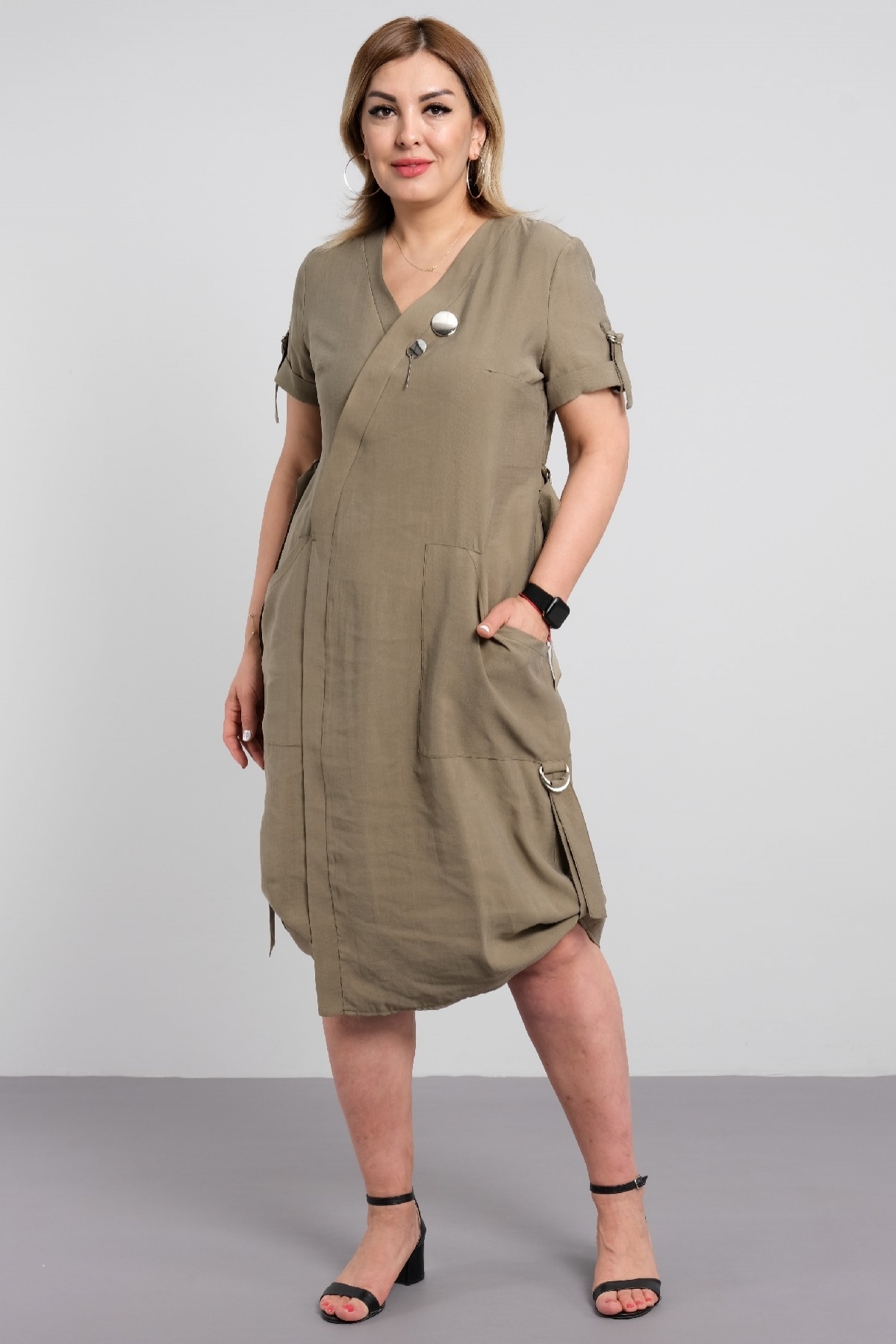 oval cut short sleeve cotton fabric plus size casual dress with lacing accessories