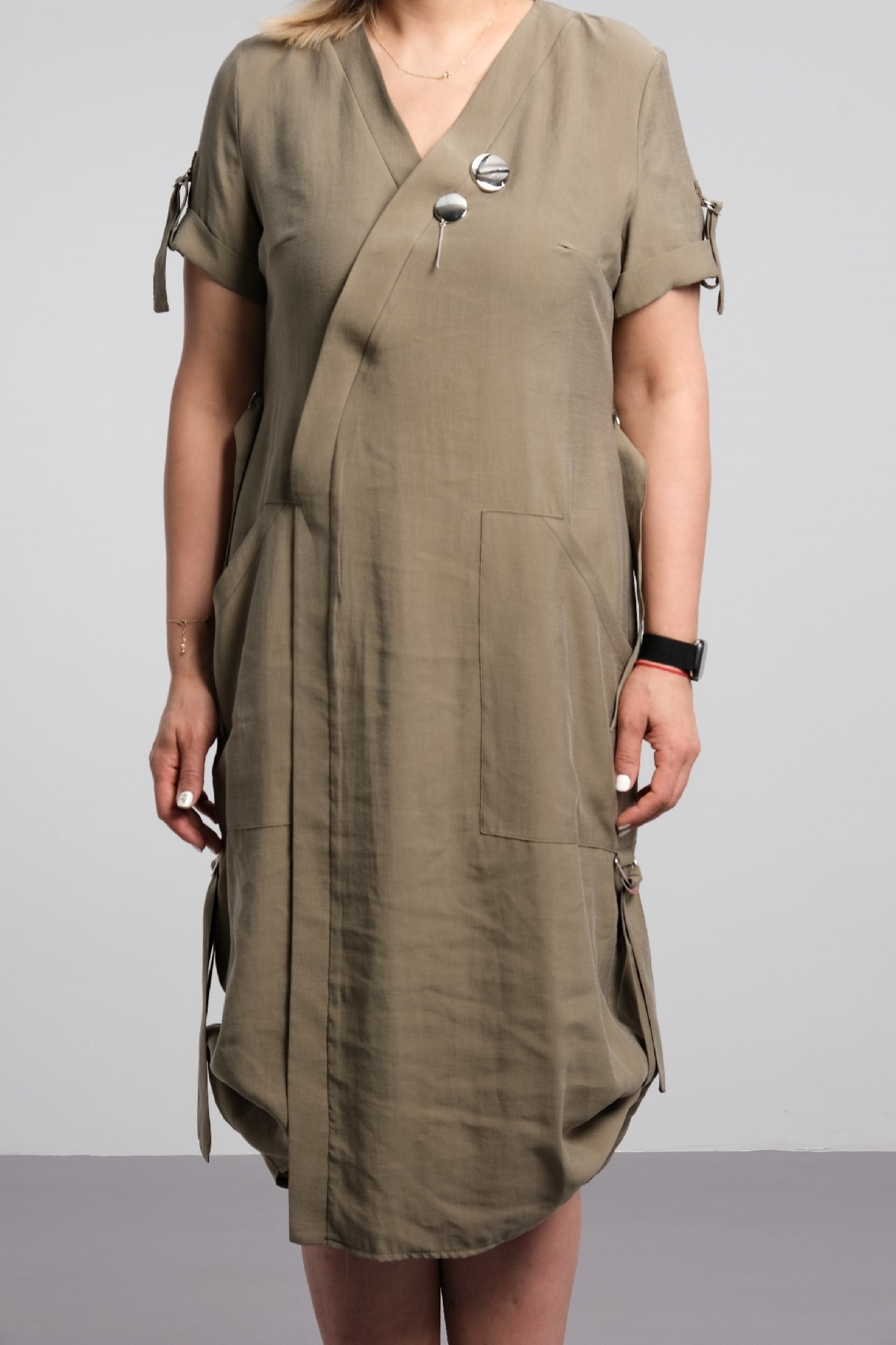oval cut short sleeve cotton fabric plus size casual dress with lacing accessories