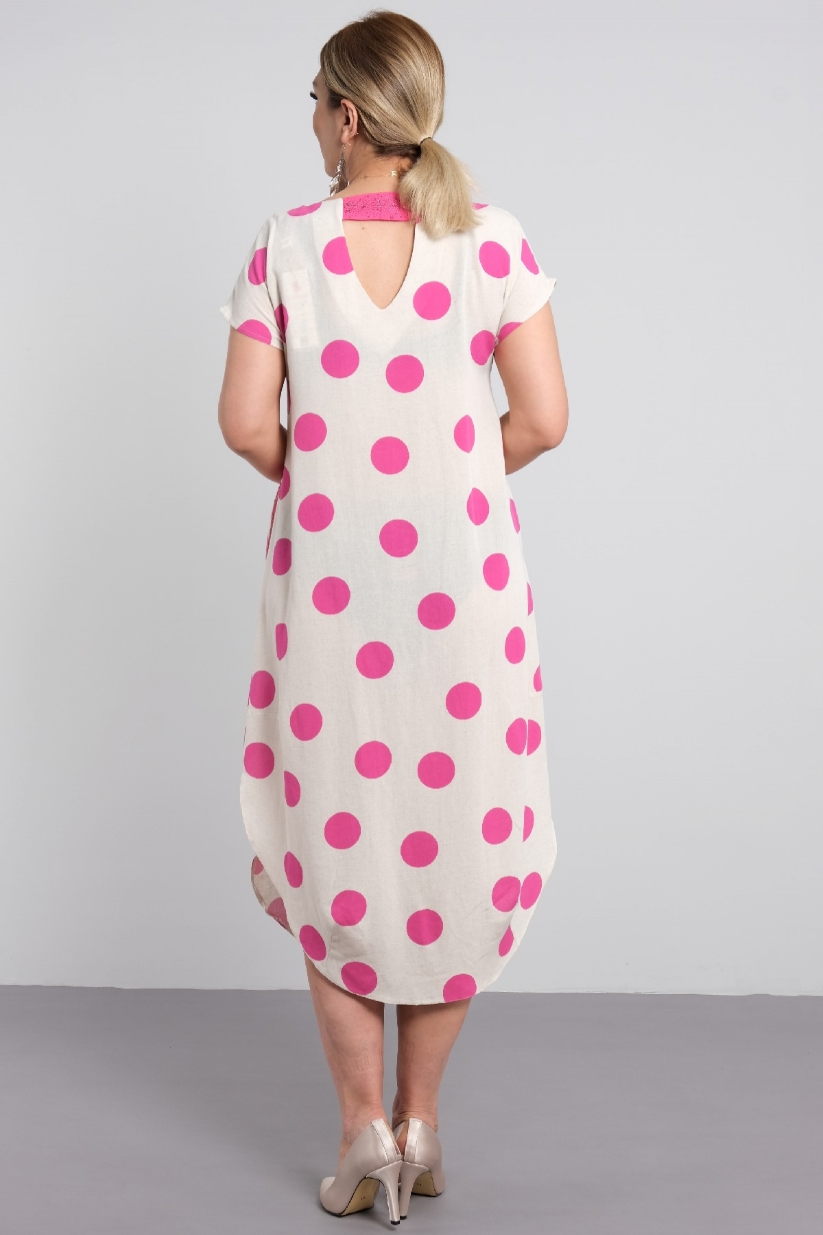 short sleeve polka dot hem oval midi length casual wear plus size dress