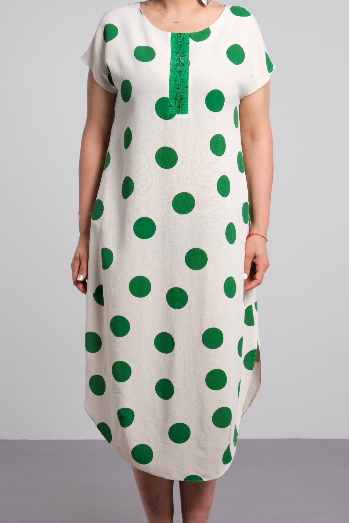 short sleeve polka dot hem oval midi length casual wear plus size dress