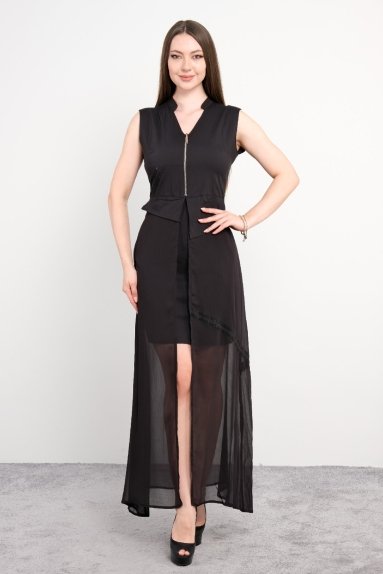  This elegant black dress is part of the small-sized STELLA model and offers impeccable elegance with both front and back views. The dress features a body-hugging fit with a zipper detail in the front, capturing a modern and feminine vibe with its sheer chiffon overlay. Available in sizes 36, 38, 40, and 42, the fabric composition is 67% cotton, 30% tencel, and 3% lycra, ensuring both comfort and style are achieved simultaneously.