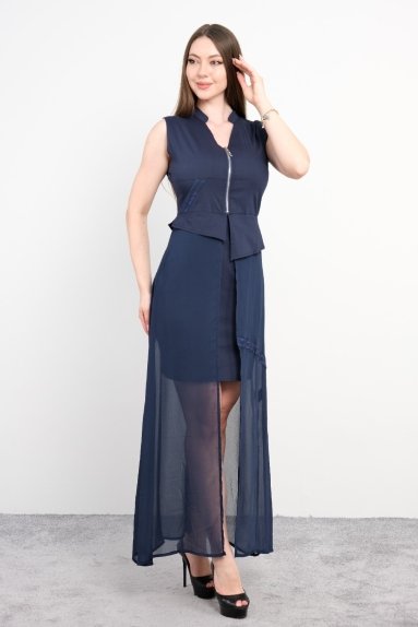  This product is a small size women's Stella model in navy blue color. The size options are 36, 38, 40, and 42. The fabric composition is 67% Cotton, 30% Tencel, and 3% Lycra. The product features a modern and elegant design, with a front zipper and a V-neck. There are stylish embroidery details on the upper part. The skirt has an asymmetrical cut and an elegant sheer overlay for a more attractive look. It is especially ideal for special occasions or events.
