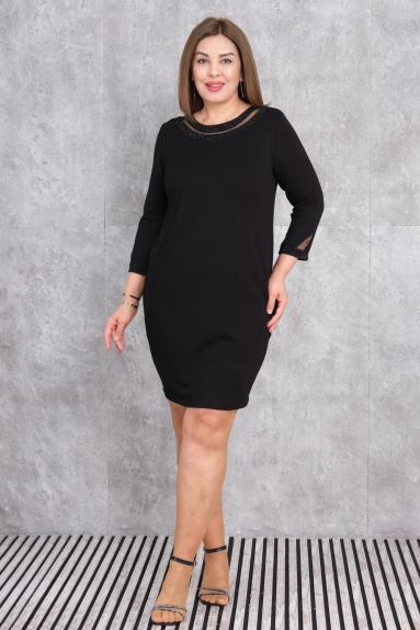  This Plus Size womens dress is a perfect choice for both everyday wear and stylish combinations. It stands out with its black color and eye-catching design. The dress is available in sizes 42, 44, 46, and 48. The fabric content consists of 75% Polyester, 20% Cotton, and 5% Lycra, adding flexibility and comfort to the dress. With long sleeves and knee-length design, this dress can be worn comfortably on any occasion in daily life.