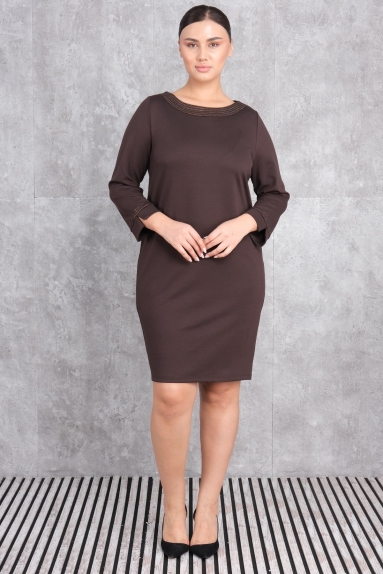  This elegant brown plus-size women’s dress offers a blend of sophistication and comfort. The fabric content includes 75% Polyester, 20% Cotton, and 5% Lycra, giving the dress flexibility and allowing you to move comfortably. It is available in sizes 42, 44, 46, and 48. The straight cut and simple design make it versatile for any style. The detailing around the neckline and sleeve ends adds a touch of elegance. It is perfect for all seasons and various occasions.