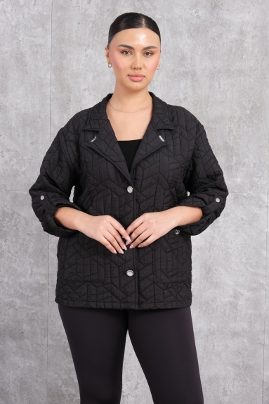  This product is a plus-size womens short sports jacket in black. The fabric composition is 80% polyester and 20% cotton. The jacket is available in sizes 42, 44, 46, and 48, featuring a sporty and comfortable design. It has buttons on the front and cuff details on the sleeves. Its lightweight and practical design make it suitable for everyday wear.