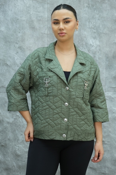  This product is a plus-size womens short sports jacket in khaki color. It features quilted stitching details on both the front and back for a stylish appearance. The jacket has two metal-buckled pockets on the chest. It closes with five large buttons on the front. The three-quarter length sleeves provide comfort in use. Available in sizes 42, 44, 46, and 48. The fabric content is 80% polyester and 20% cotton, making the product both durable and comfortable.