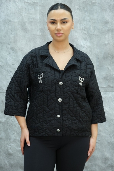  In this image, we see a Plus Size Womens Short Sports Jacket. This jacket is black in color and has a textured pattern on the surface. The front of the jacket closes with buttons and has two pockets. Metallic decorative details are placed on top of the pockets. The product is made from a mix of 80% Polyester and 20% Cotton. The size options are 42, 44, 46, and 48.