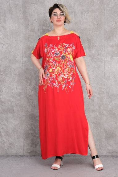  This product is a specially designed plus-size dress for women, available in a vibrant red color. The front of the dress features colorful floral patterns. The fabric composition consists of 80% cotton and 20% polyester. This dress is designed for comfort and comes in sizes 42, 44, 46, and 48. The dress has short sleeves and shoulder details, adding a modern touch to its design.