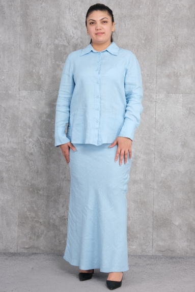  This product is a plus-size womens two-piece set in blue color. It is made from 100% cotton fabric and available in sizes 42, 44, 46, and 48. The top piece is designed as a buttoned, long-sleeved shirt. The bottom piece consists of a long skirt. You can see both front and back views. The set has a relaxed fit, making it ideal for daily wear. The high-quality cotton fabric ensures comfort during use.