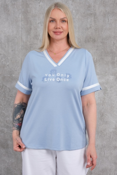  This product is a blue blouse designed for plus-size women. The blouse features a V-neck cut and short sleeves, ensuring a comfortable wear. The front of the blouse displays the text 