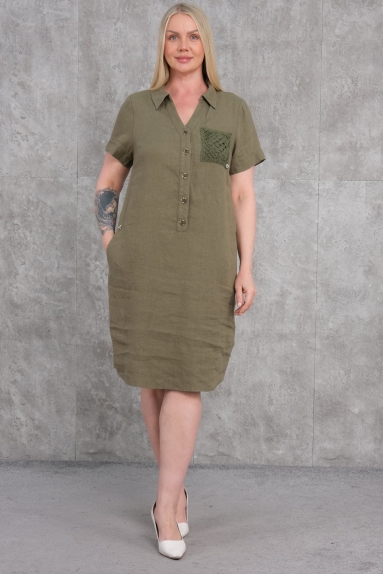 This plus-size womens dress has an elegant and simple look with its khaki color. The dress is available in sizes 42, 44, 46, and 48. The fabric content is 100% cotton, which is skin-friendly and breathable. The front of the dress features button detailing and a graceful pocket detail on the chest. This short-sleeved dress is ideal for daily wear and has a comfortable fit.