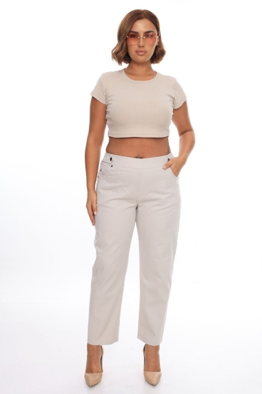  This product is a plus-size womens pants in beige color, specifically designed for plus-size women. The pant sizes are 42, 44, 46, and 48. The fabric composition is a perfect blend of 75% polyester and 25% acrylic. It offers a stylish and comfortable experience with its straight cut and comfortable structure. Designed with front and back pockets, it is practical. The elastic waistband makes it easy to wear and take off.