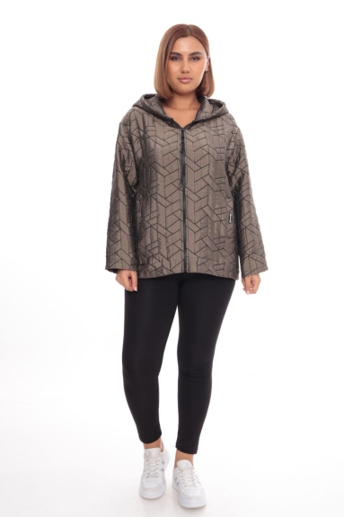  The product on the model is a Plus Size Womens Short Sports Jacket, combining elegance and comfort. The jacket is brown and comes in sizes 50, 52, 54, and 56. The fabric content is made up of 90% Polyester, 5% Elastane, and 5% Spandex. This jacket offers excellent comfort due to its lightweight and flexible structure, making it perfect for both daily wear and while exercising. The hood detail and zippered design add a modern look to the product.