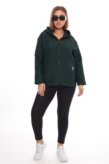  This product is a green short sports jacket specifically designed for plus-size women. It features a zip-up front and a hooded design, providing a sporty look. The fabric content consists of 90% polyester, 5% elastane, and 5% spandex, ensuring the jacket is both flexible and durable. The available sizes are 50, 52, 54, and 56. This jacket is ideal for daily sports activities and offers comfortable wear.
