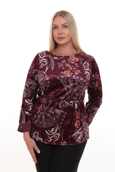  This plus size womens blouse comes in a rich burgundy color and features a stylish and comfortable design. Made entirely of 100% polyester fabric, it offers a soft texture. The blouse is available in four sizes: 42, 44, 46, and 48. It is adorned with various floral patterns and geometric motifs. The blouse includes a waist belt that beautifully accentuates body curves. With its long sleeves, it is ideal for both casual and special occasions.