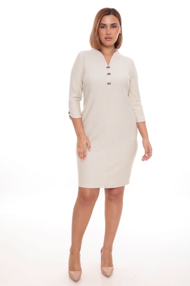  Elegant and stylish Plus Size womens Evening Dress in ecru color. This dress is available in sizes 42, 44, 46, and 48. Made of 68% Polyester, 25% Viscose, and 7% Elastane, it offers a comfortable and stretchy fit. The front detail with three buttons and 3/4 sleeve length provides a modern look. The dress length is knee-length, with a simple design on the back. This dress is an ideal choice to highlight your elegance on special occasions.