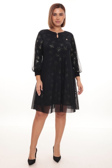  This plus size womens evening dress offers a stylish and elegant choice. Designed in black, the dress is made of a fabric content that consists of 80% viscose, 15% polyester, and 5% elastane, making it both comfortable and flexible. The dress is available in sizes 42, 44, 46, and 48. The product features fine details on the front and back, with light-reflecting patterns that draw attention. This long-sleeved dress, which is knee-length, can be comfortably worn at night events and special occasions.