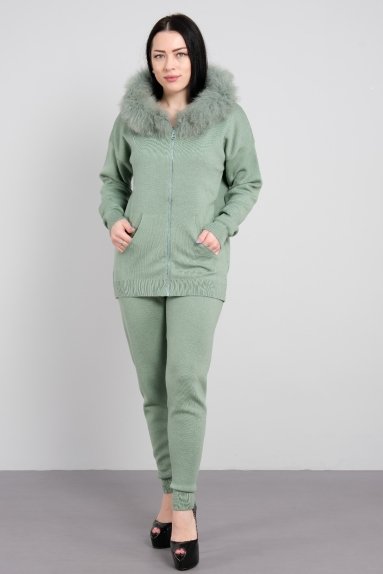 women's two-piece suit with fur collar hooded cuff detail zipper high waist small pocket skinny-leg trousers